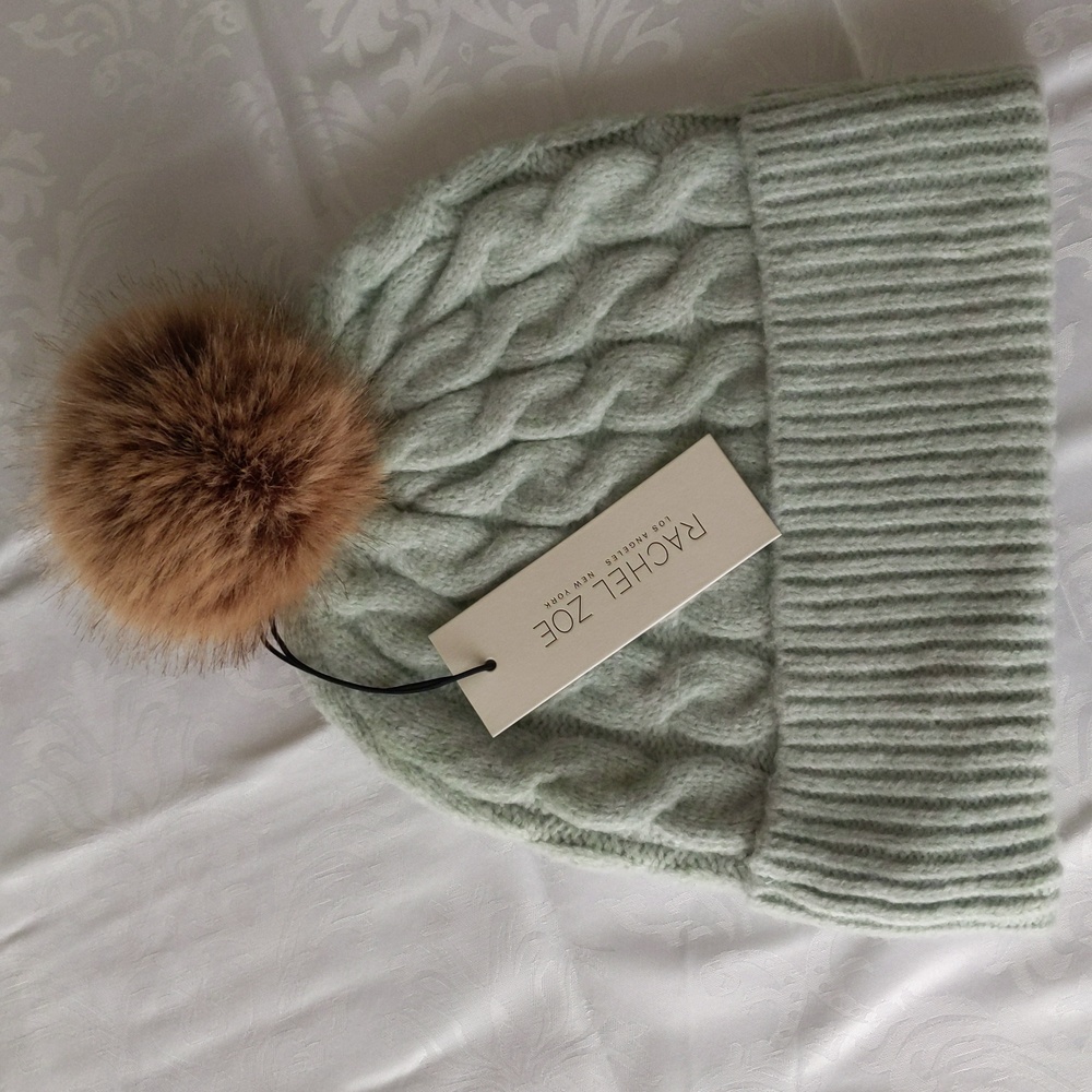 Rachel Zoe Mint Green Cable Knit Beanie with Brown Pom Pom